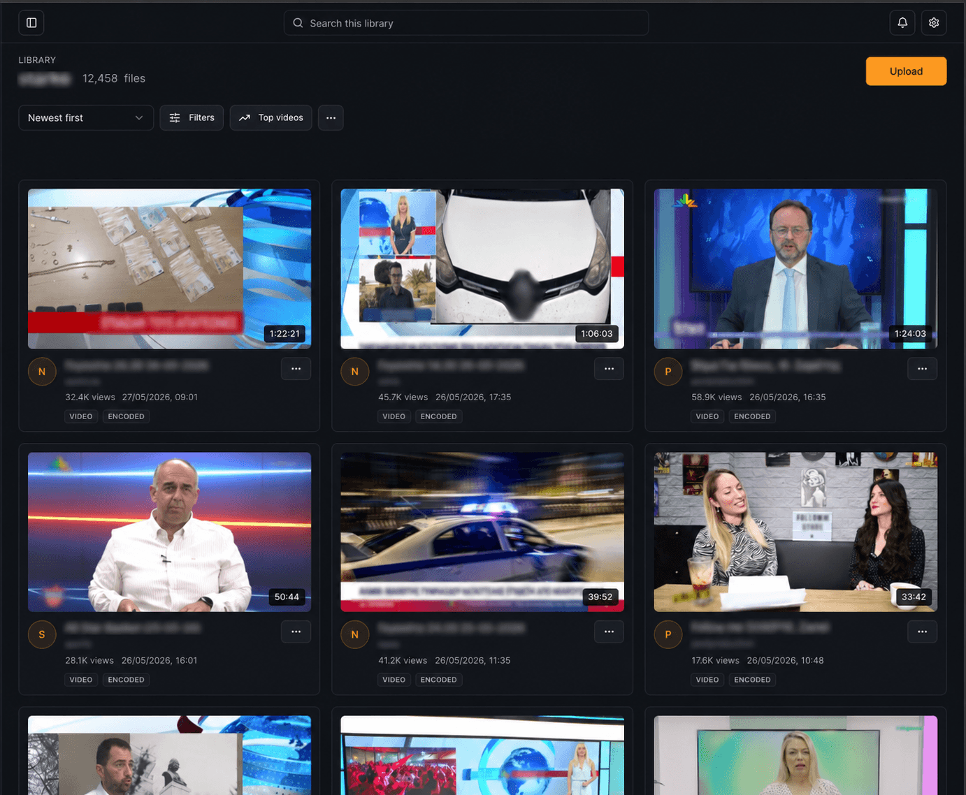 MediaCMS library screen with folders, filters, and search tools